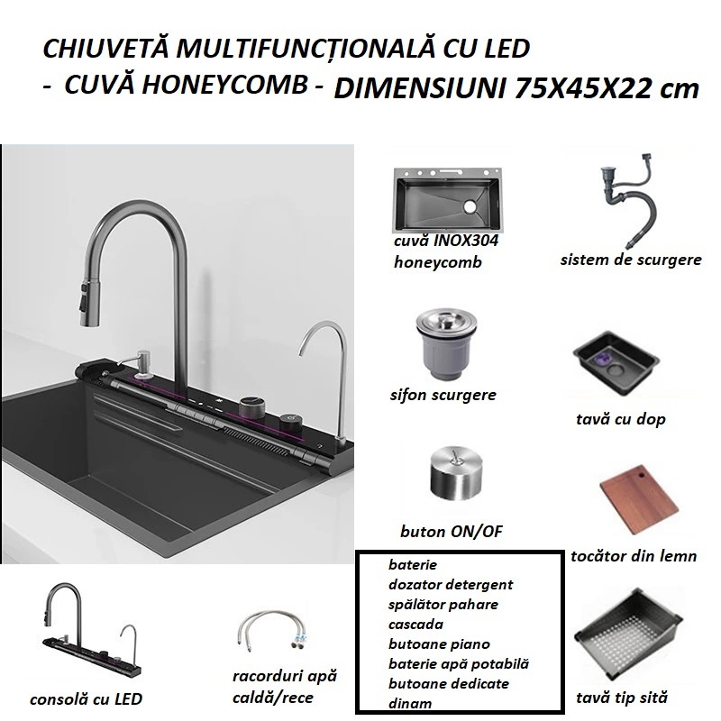 Chiuveta Bucatarie Multifunctionala cu LED, Inox, Gri Inchis – Negru, ESN Elit's 75×45 cm
