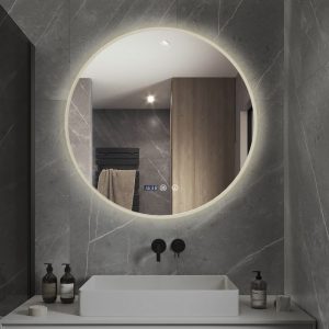 cdcsdcs Oglindă Baie LED și Dezaburire, Ceas, Senzor Touch, Lumina Rece, Caldă și Neutră,Elit's 80 cm, Rama Acril