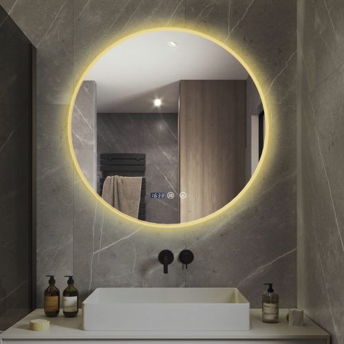 Oglindă Baie LED și Dezaburire, Ceas, Senzor Touch, Lumina Rece, Caldă și Neutră,Elit's 90 cm, Rama Acril
