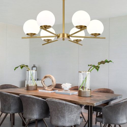 Lustră cu 6 Abajururi –Elit's E27, Design Modern Auriu, Metal & Sticlă, 80×80×40 cm