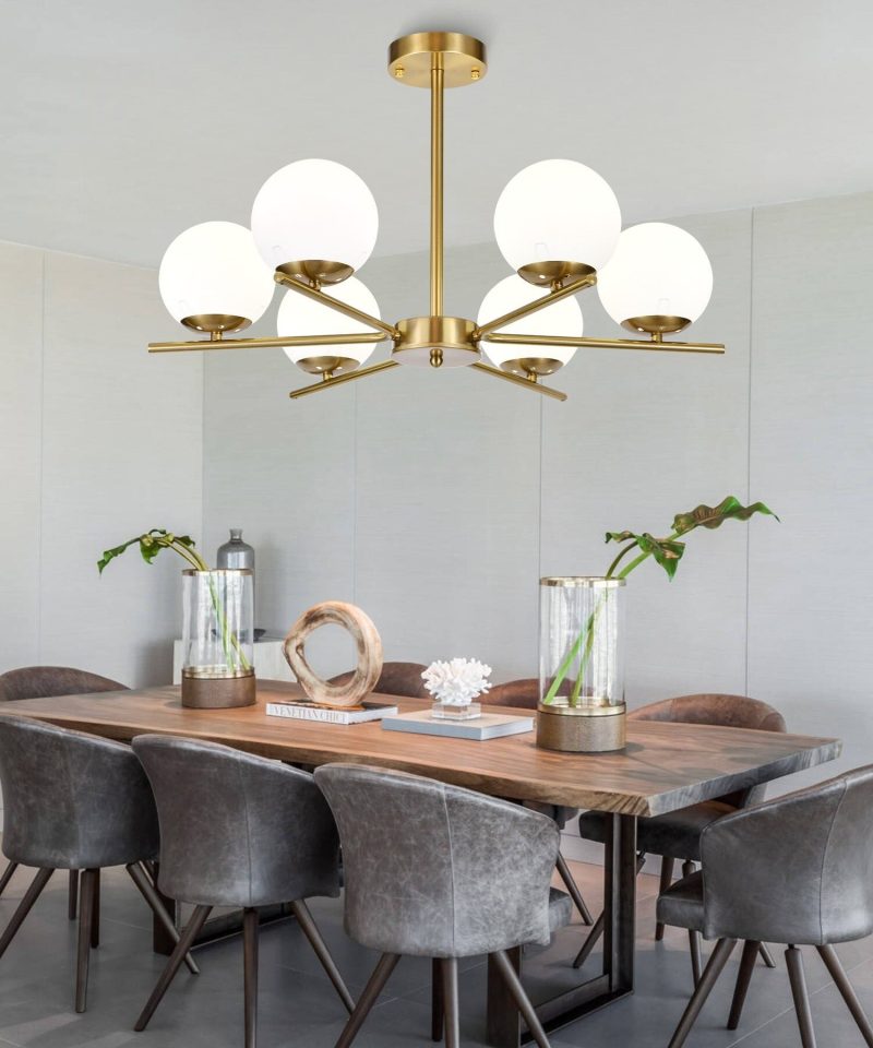 Lustră cu 6 Abajururi –Elit's E27, Design Modern Auriu, Metal & Sticlă, 80×80×40 cm