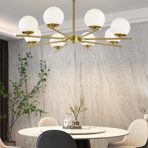 Lustră cu 8 Abajururi –Elit's E27, Design Modern Auriu, Metal & Sticlă, 80×80×40 cm