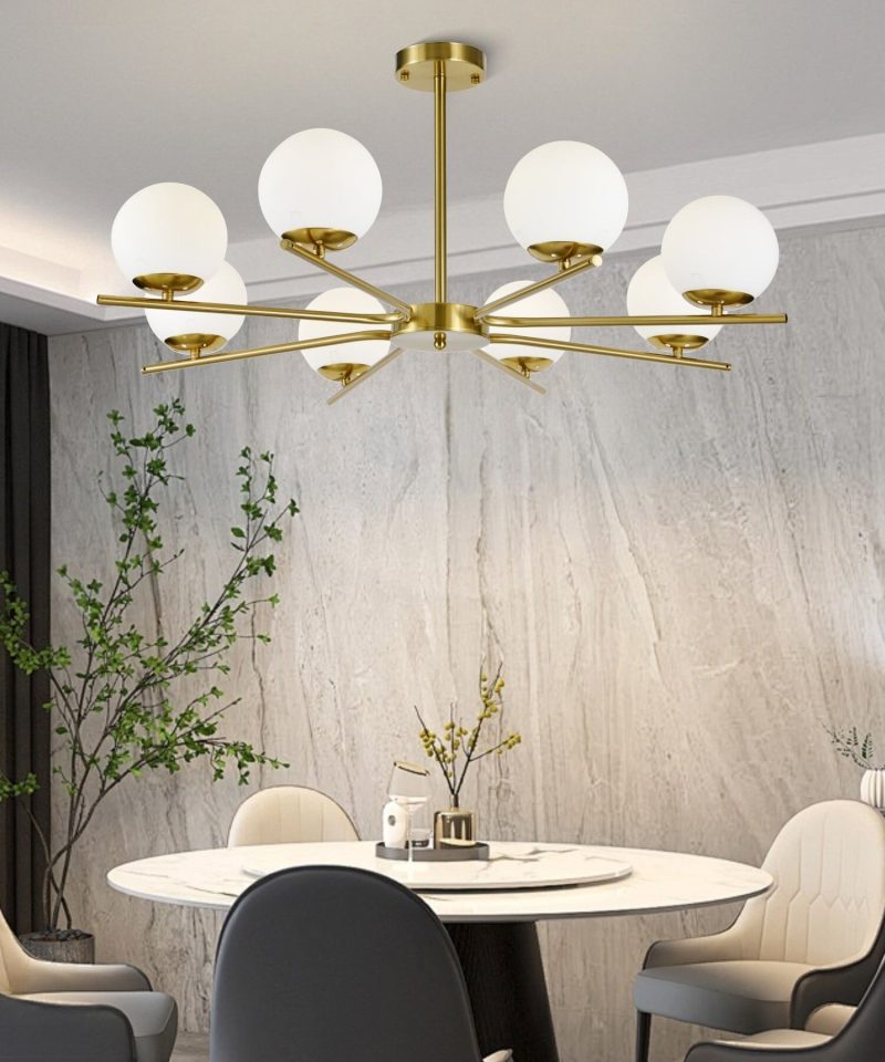 Lustră cu 8 Abajururi –Elit's E27, Design Modern Auriu, Metal & Sticlă, 80×80×40 cm