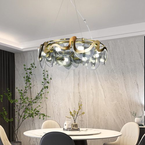 Lustră Suspendată din Sticlă – 10 Brațe, Fasung E14,Elit's Design Auriu Elegant, Ø75 cm, Înălțime Reglabilă