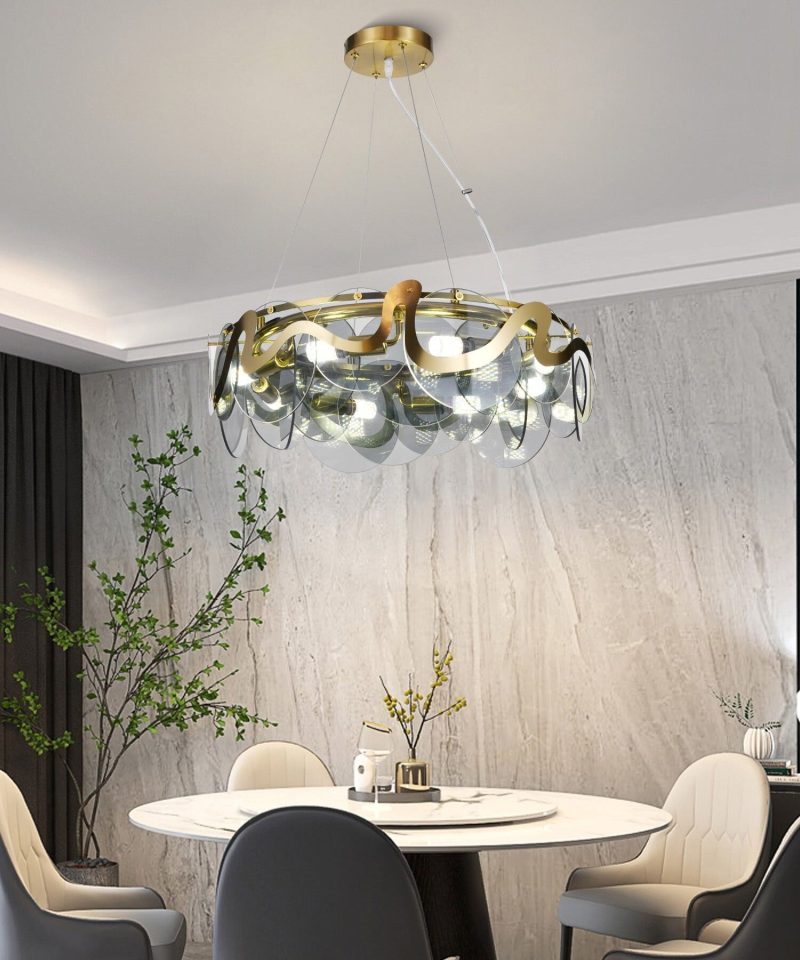 Lustră Suspendată din Sticlă –Elit's 8 Brațe, E14, Design Auriu Elegant, Ø60 cm, Înălțime Reglabilă