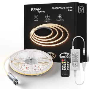 Kit Bandă LED COB cu Telecomandă – 5 m, Lumină Caldă 3000 K, 14 W/m, 24 V, Transformator 72 W 💡Elit's