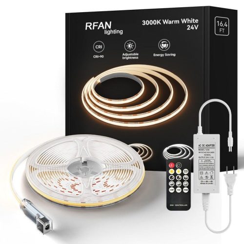 Kit Bandă LED COB cu Telecomandă – 5 m, Lumină Caldă 3000 K, 14 W/m, 24 V, Transformator 72 W 💡Elit's