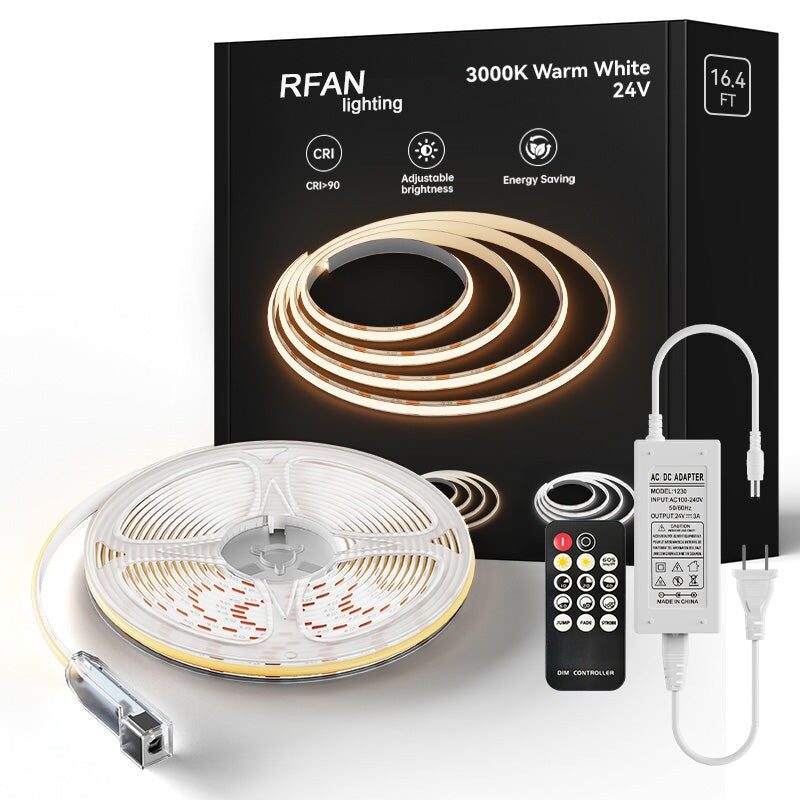Kit Bandă LED COB cu Telecomandă – 5 m, Lumină Caldă 3000 K, 14 W/m, 24 V, Transformator 72 W 💡Elit's