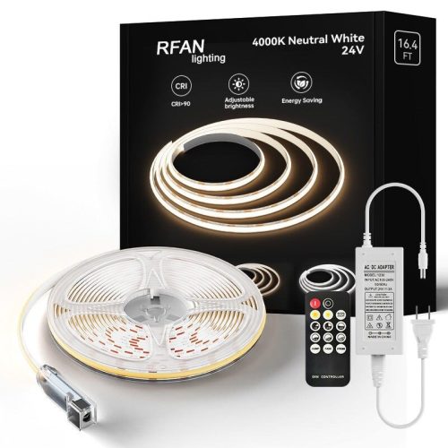 Kit Bandă LED COB – 5 m, Lumină Neutră 4000 K, 14 W/m, 24 V cu Telecomandă și Transformator 72 W