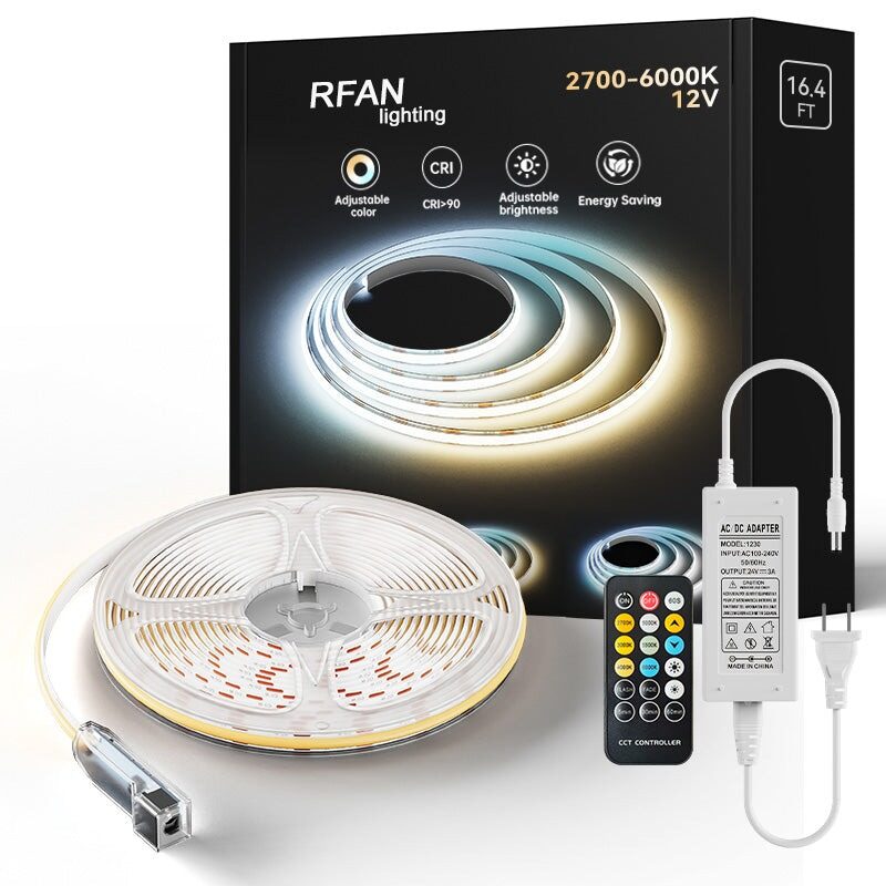 CCT Kit Bandă LED COB CCT – 5 m, 15 W/m, 24 V, Telecomandă și Transformator 72 W