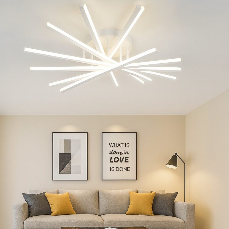 Lustră LED cu 7 surse de iluminare,Elit's 125W, cu telecomandă – Design clasic, alb