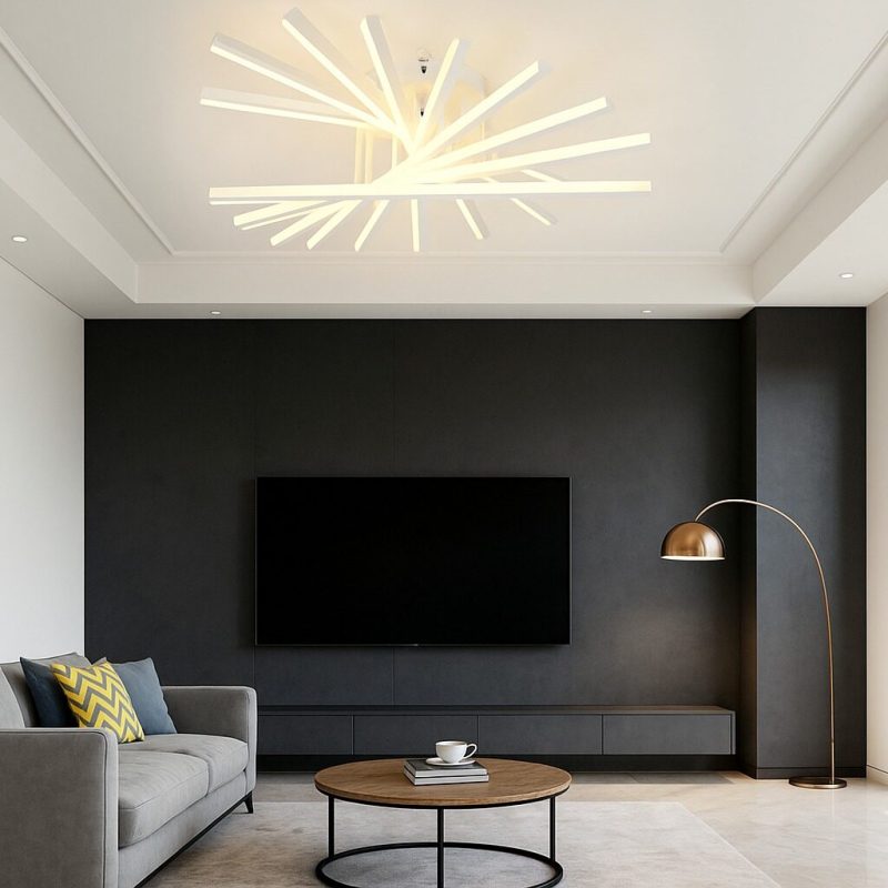 Lustră LED cu 9 surse de iluminare,Elit's 164W, cu telecomandă – Design clasic alb