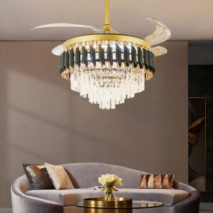 Candelabru cu Ventilator și Telecomandă – 72W, LED Dimmabil,Elit's 3 Tipuri de Lumină, 6 Trepte de Viteză, Design Negru/Auriu