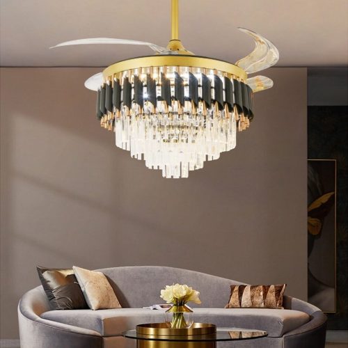 Candelabru cu Ventilator și Telecomandă – 72W, LED Dimmabil,Elit's 3 Tipuri de Lumină, 6 Trepte de Viteză, Design Negru/Auriu