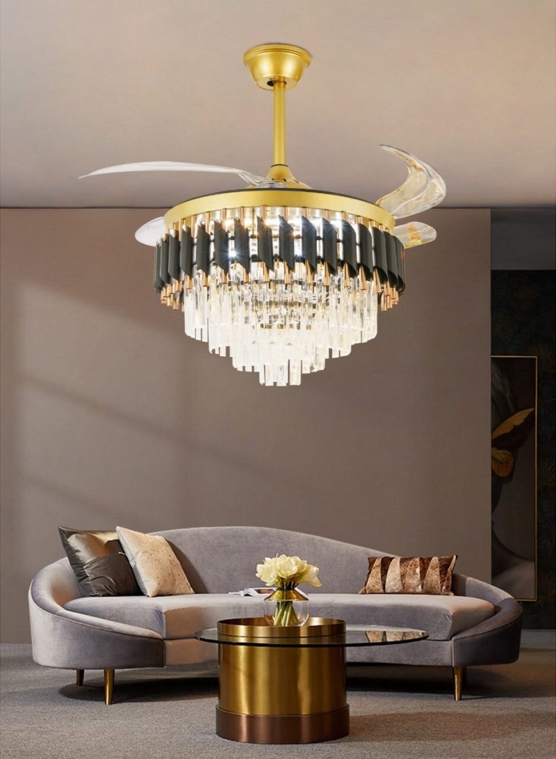 Candelabru cu Ventilator și Telecomandă – 72W, LED Dimmabil,Elit's 3 Tipuri de Lumină, 6 Trepte de Viteză, Design Negru/Auriu