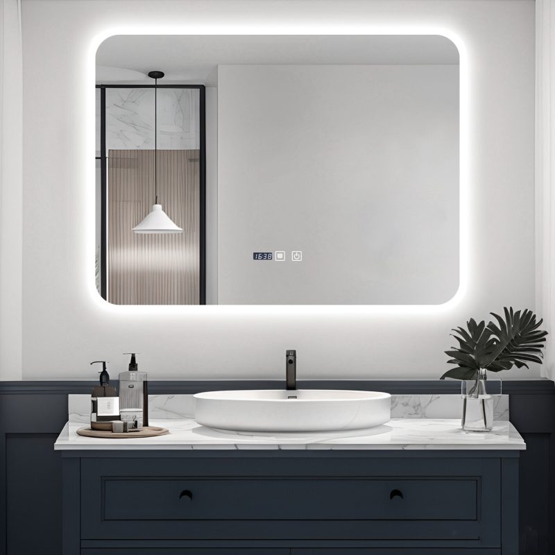 Oglinda Baie LED cu Dezaburire, Ceas si Senzor Touch Elit's– 80×60 cm, Rama Acril, Lumina Rece / Calda / Neutra
