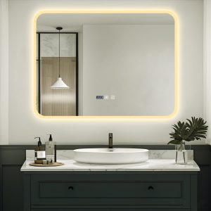 Oglinda Baie LED cu Dezaburire, Ceas si Senzor Touch Elit's– 80×60 cm, Rama Acril, Lumina Rece / Calda / Neutra