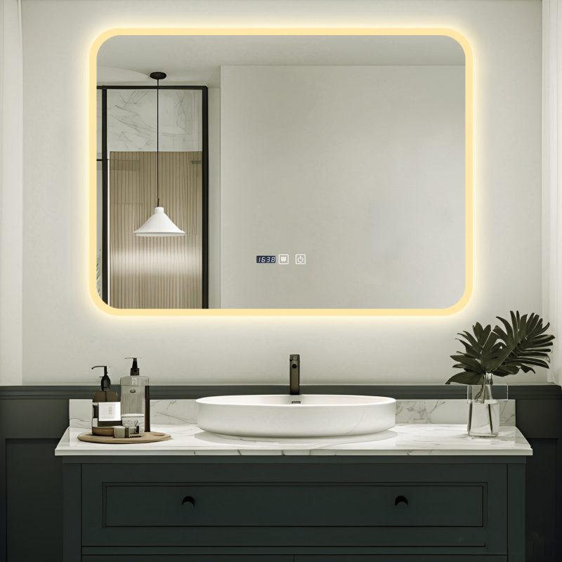 Oglinda Baie LED cu Dezaburire, Ceas si Senzor Touch Elit's– 80×60 cm, Rama Acril, Lumina Rece / Calda / Neutra