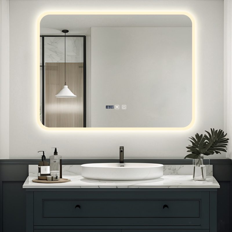 Oglinda Baie LED cu Dezaburire, Ceas si Senzor Touch Elit's– 80×60 cm, Rama Acril, Lumina Rece / Calda / Neutra