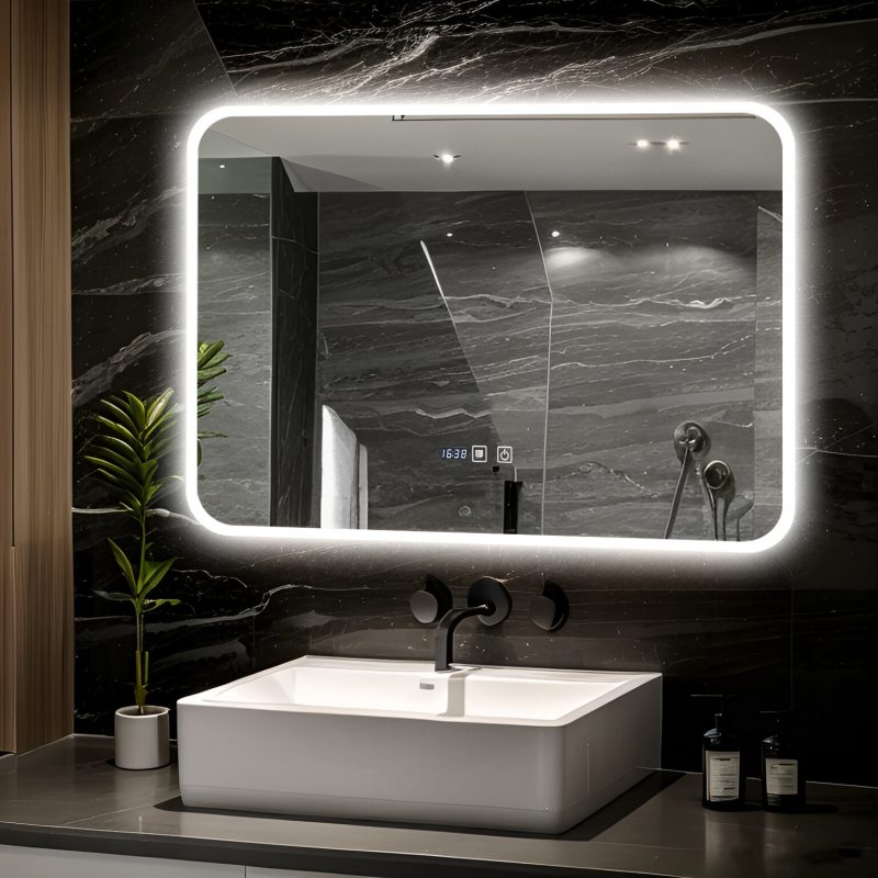 Oglinda Baie LED cu Dezaburire, Ceas si Senzor Touch Elit's– 80×60 cm, Rama Acril, Lumina Rece / Calda / Neutra