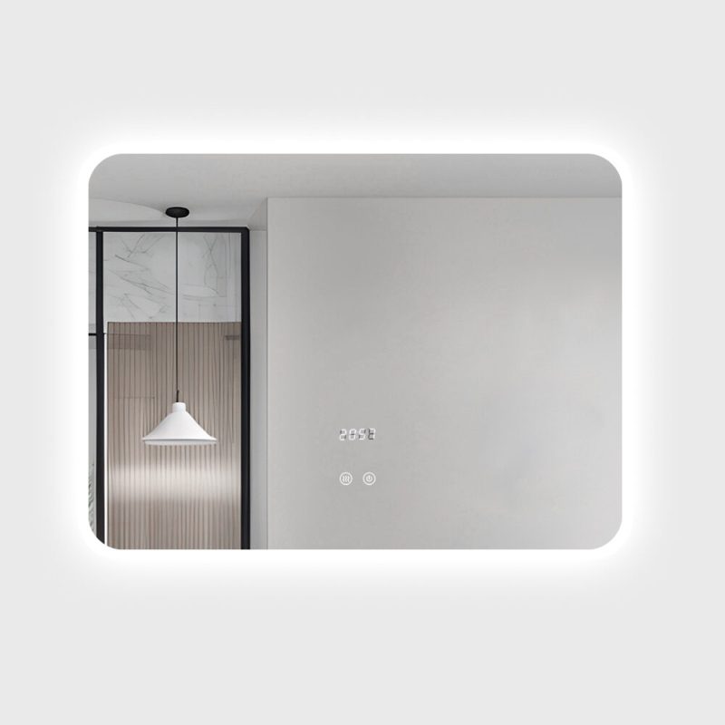 Oglinda Baie LED cu Dezaburire, Ceas si Senzor Touch Elit's– 80×60 cm, Rama Acril, Lumina Rece / Calda / Neutra
