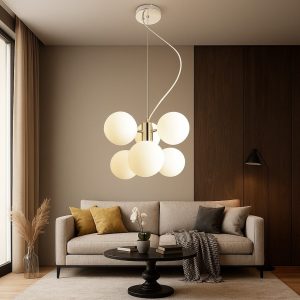 Pendul Modern cu 6 Globuri Opal Elit's, G9, 300×730 mm – Iluminare Decorativă Elegantă