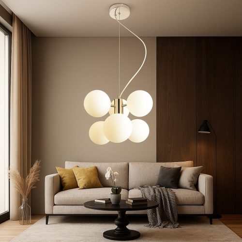 Pendul Modern cu 6 Globuri Opal Elit's, G9, 300×730 mm – Iluminare Decorativă Elegantă