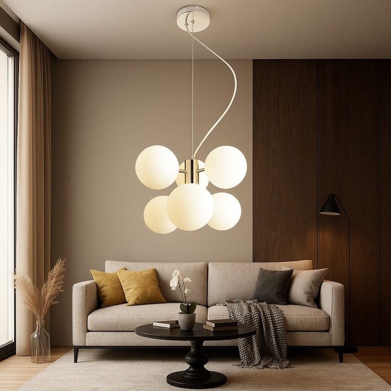 Pendul Modern cu 6 Globuri Opal Elit's, G9, 300×730 mm – Iluminare Decorativă Elegantă