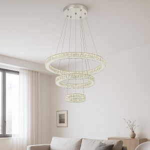 Pendul LED cu Cristal, 3 Inele, 120W, Ø60 cm Elit's, Lumină Reglabilă Alb Cald–Rece, Telecomandă 2.4G