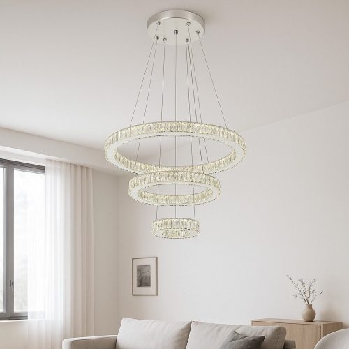 Pendul LED cu Cristal, 3 Inele, 120W, Ø60 cm Elit's, Lumină Reglabilă Alb Cald–Rece, Telecomandă 2.4G