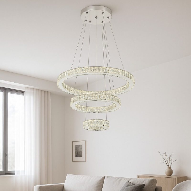 Pendul LED cu Cristal, 3 Inele, 120W, Ø60 cm Elit's, Lumină Reglabilă Alb Cald–Rece, Telecomandă 2.4G
