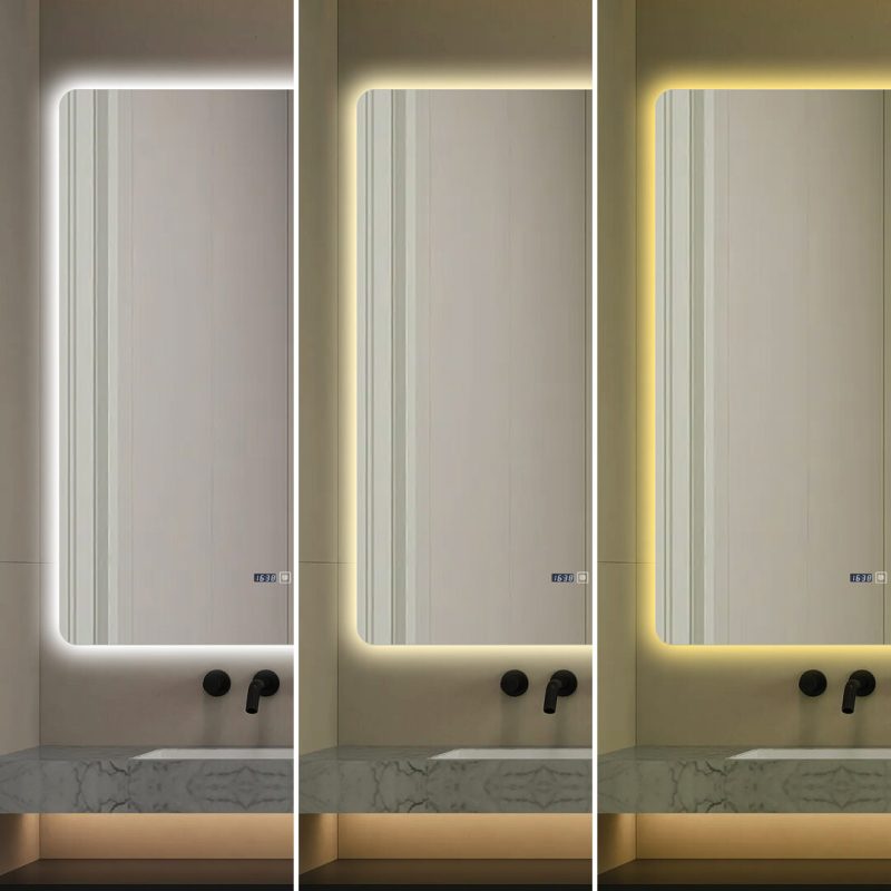 J174-10080 (1) Oglindă Baie LED și Dezaburire Elit's Premium: Senzor Touch, Lumina Rece, Caldă și Neutră, 80x100cm, Lumina Ambientală Spate