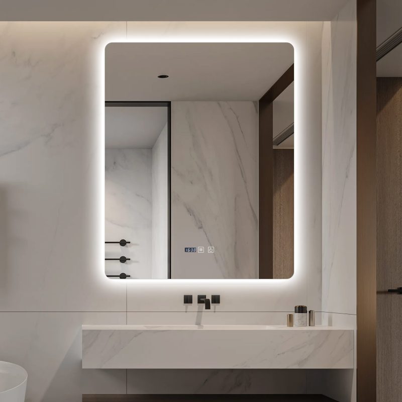 J174-10080 (2) Oglindă Baie LED și Dezaburire Elit's Premium: Senzor Touch, Lumina Rece, Caldă și Neutră, 80x100cm, Lumina Ambientală Spate