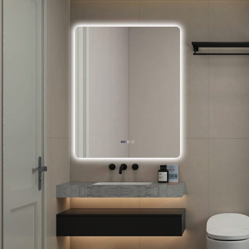 J174-10080 (3) Oglindă Baie LED și Dezaburire Elit's Premium: Senzor Touch, Lumina Rece, Caldă și Neutră, 80x100cm, Lumina Ambientală Spate