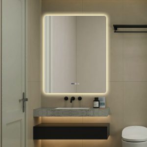 J174-10080 (4) Oglindă Baie LED și Dezaburire Elit's Premium: Senzor Touch, Lumina Rece, Caldă și Neutră, 80x100cm, Lumina Ambientală Spate