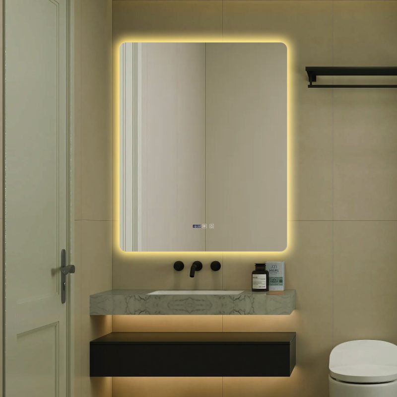 J174-10080 (5) Oglindă Baie LED și Dezaburire Elit's Premium: Senzor Touch, Lumina Rece, Caldă și Neutră, 80x100cm, Lumina Ambientală Spate