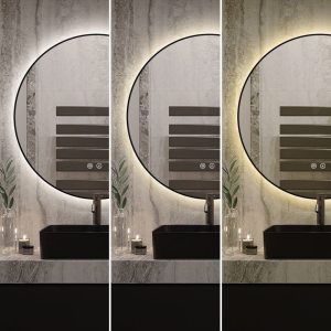 J186-60_1 🪞 Oglindă LED cu Touch, Funcție Dezaburire și 3 Tipuri de Lumină –Elit's Model J188-60 Smack, Ø60 cm, Ramă Negru Mat
