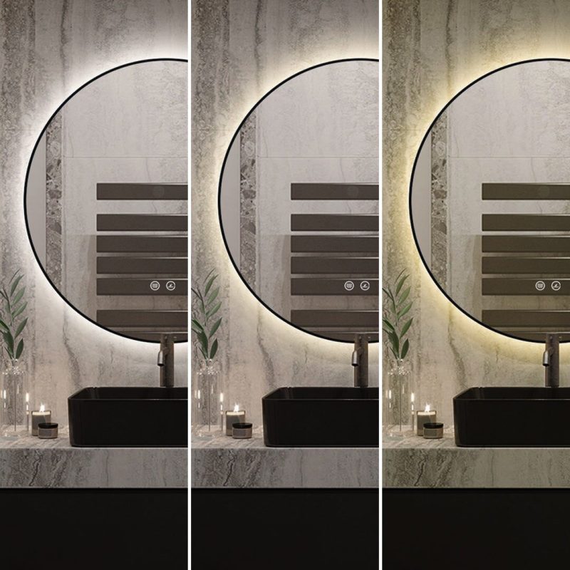 J186-60_1 🪞 Oglindă LED cu Touch, Funcție Dezaburire și 3 Tipuri de Lumină –Elit's Model J188-60 Smack, Ø60 cm, Ramă Negru Mat