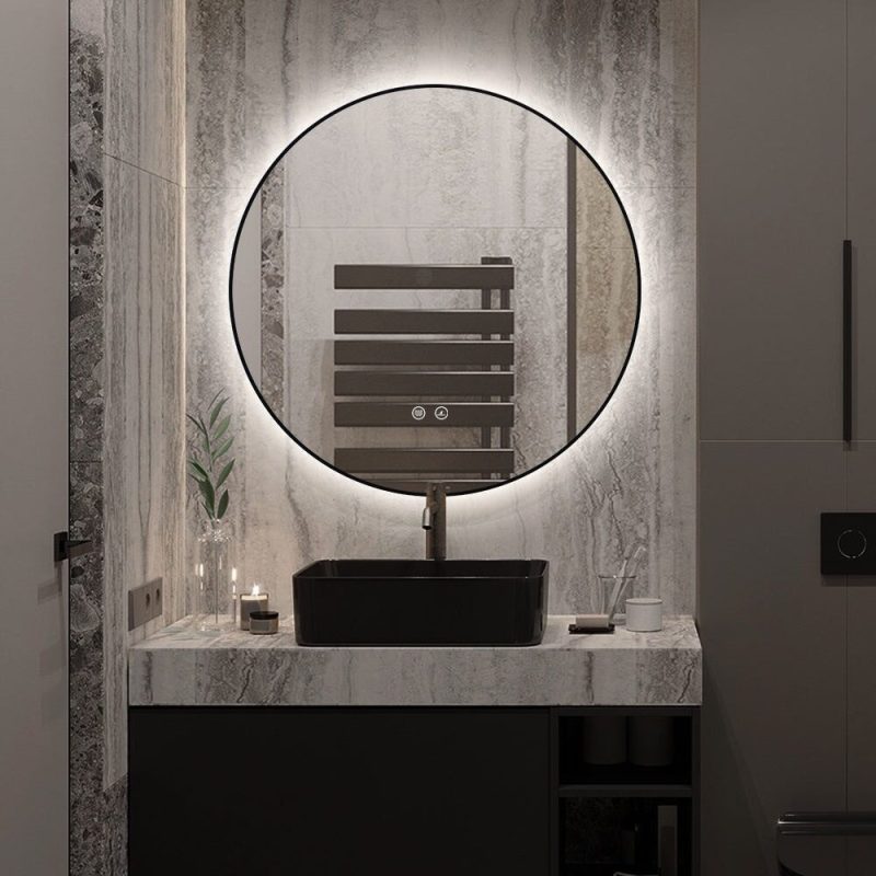 J186-60_6 🪞 Oglindă LED cu Touch, Funcție Dezaburire și 3 Tipuri de Lumină –Elit's Model J188-60 Smack, Ø60 cm, Ramă Negru Mat