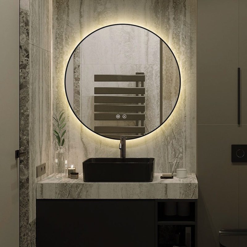 J186-60_8 🪞 Oglindă LED cu Touch, Funcție Dezaburire și 3 Tipuri de Lumină –Elit's Model J188-60 Smack, Ø60 cm, Ramă Negru Mat