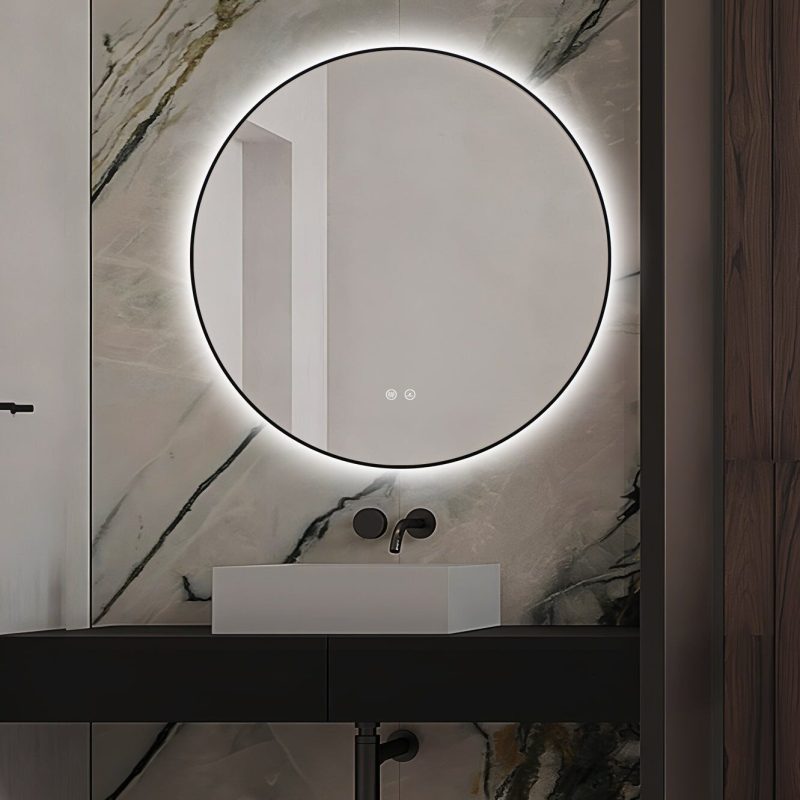 J186-70_1 🪞 Oglindă LED cu Touch și Funcție Dezaburire, 3 Tipuri de Lumină – Ø70 cm, Ramă Negru Mat,Elit's Model J188-70 Smack