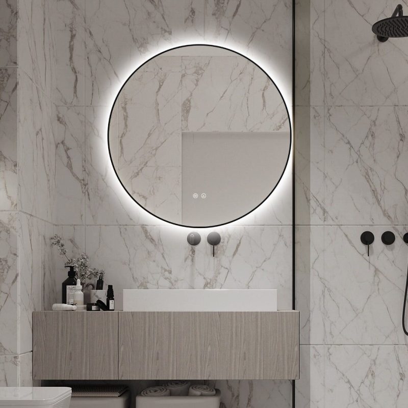 J186-70_9 🪞 Oglindă LED cu Touch și Funcție Dezaburire, 3 Tipuri de Lumină – Ø70 cm, Ramă Negru Mat,Elit's Model J188-70 Smack