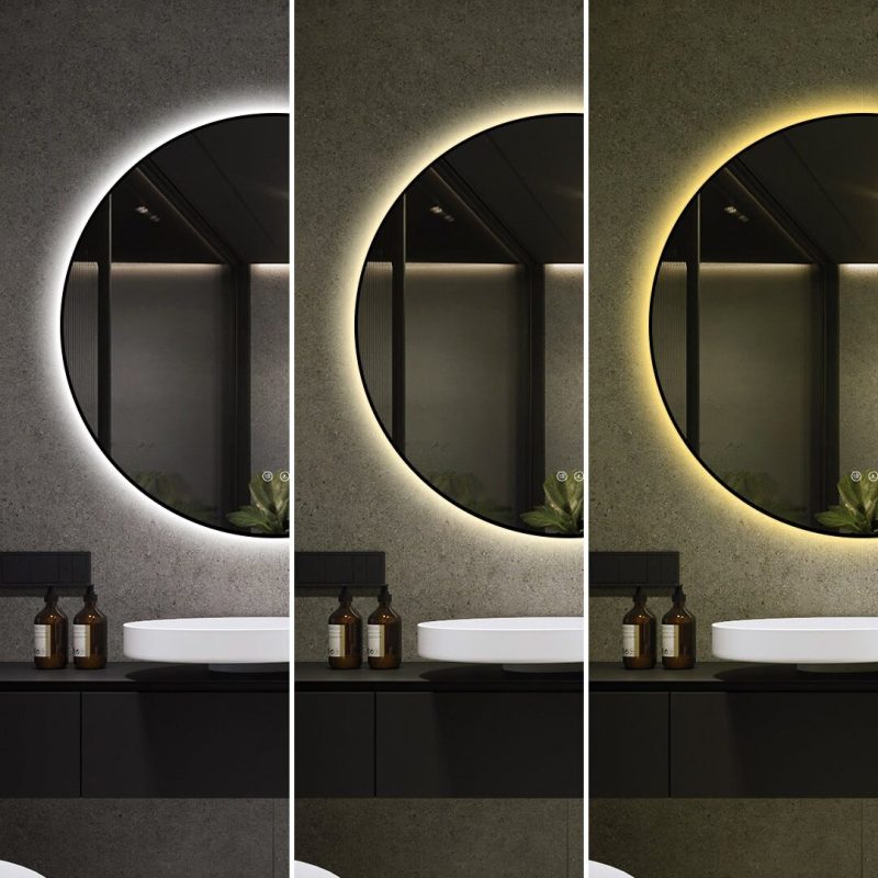 J186-80_10 🪞 Oglindă LED cu Touch și Funcție Dezaburire, 3 Tipuri de Lumină – Ø80 cm, Ramă Negru Mat,Elit's Model J188-80 Smack