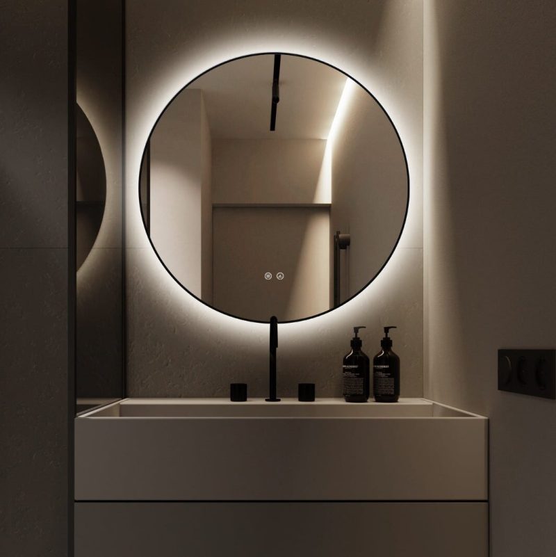 J186-80_4 🪞 Oglindă LED cu Touch și Funcție Dezaburire, 3 Tipuri de Lumină – Ø80 cm, Ramă Negru Mat,Elit's Model J188-80 Smack