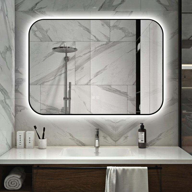 🪞 Oglindă LED cu Touch și Funcție Dezaburire – Ramă Negru, 100x70 cm,Elit's Model J187-10070 Smack