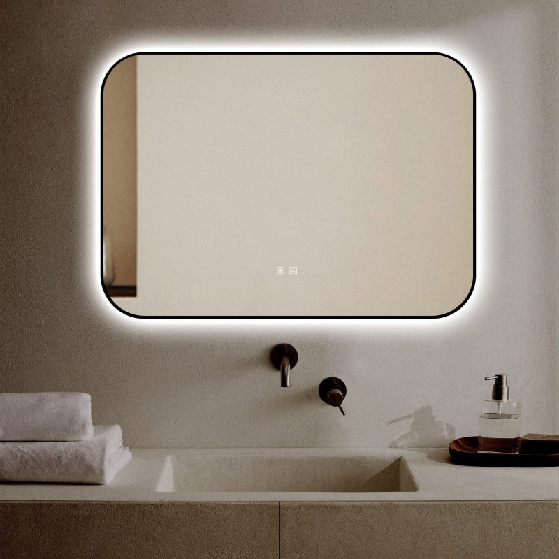 🪞 Oglindă LED cu Touch și Funcție Dezaburire – Ramă Negru, 100x70 cm,Elit's Model J187-10070 Smack