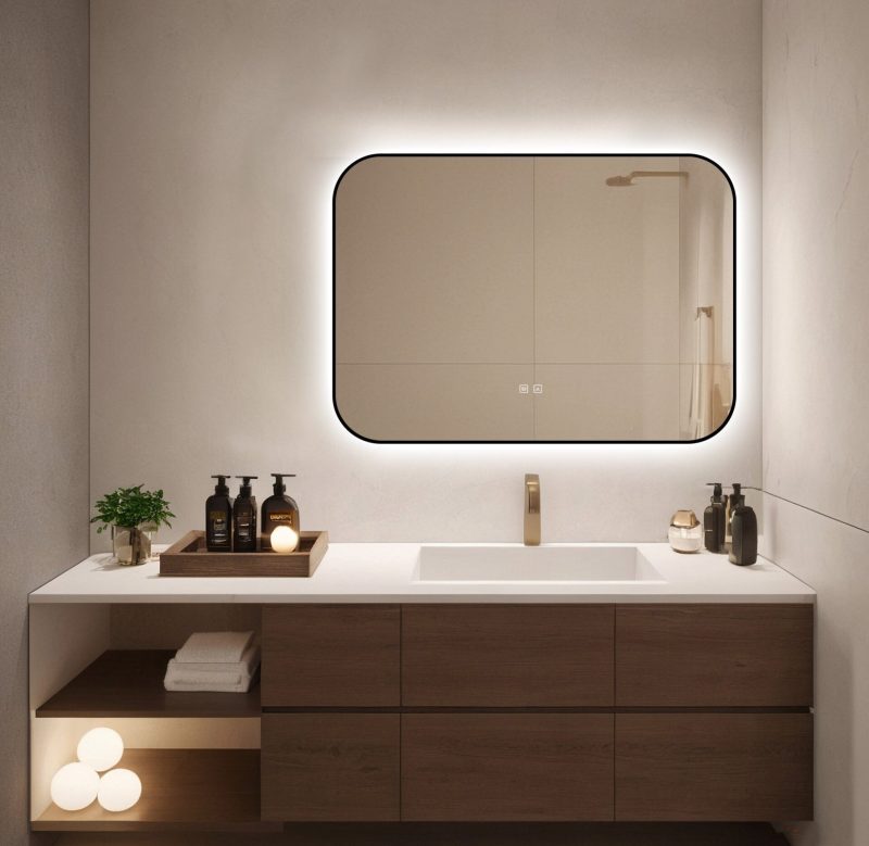 🪞 Oglindă LED cu Touch și Funcție Dezaburire – Ramă Negru, 90x65 cm,Elit's Model J187-9065 Smack