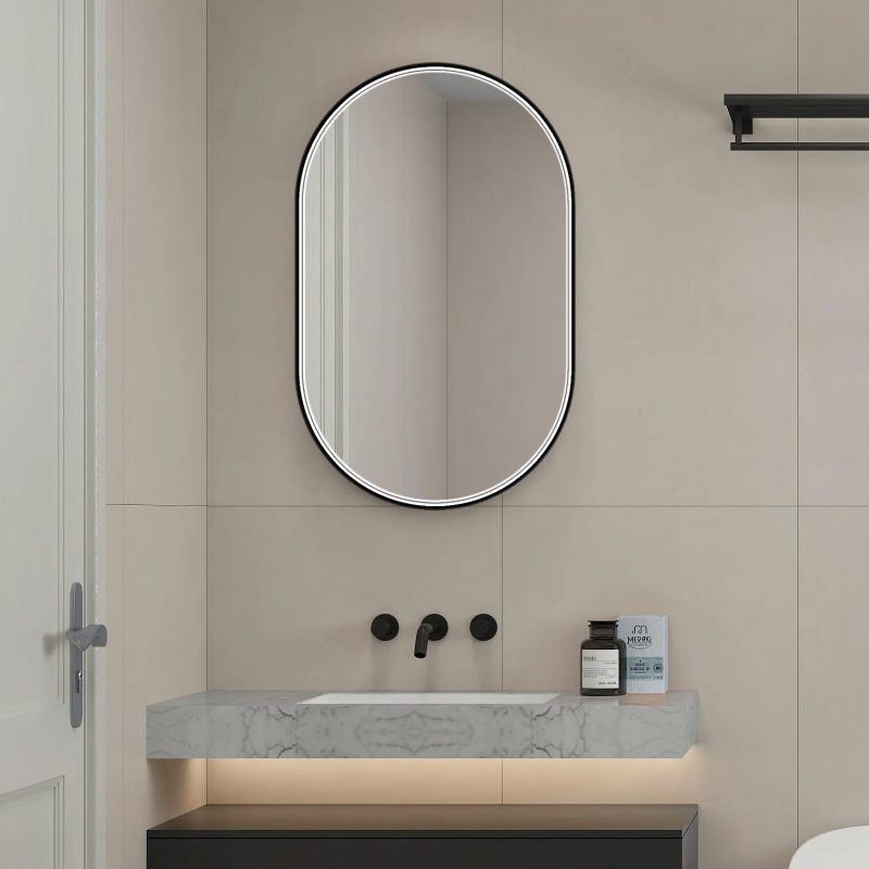 Oglindă de baie LED Elit’s Premium cu dezaburire – 50 × 90 cm, ramă neagră