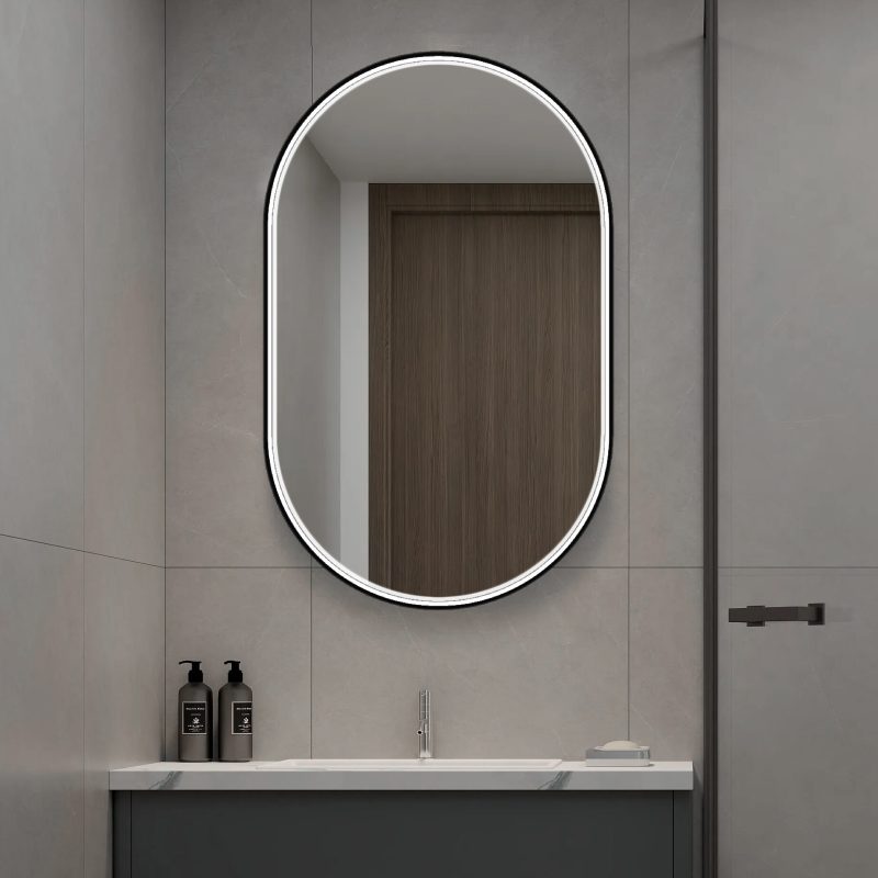 Oglindă de baie LED Elit’s Premium cu dezaburire – 50 × 90 cm, ramă neagră
