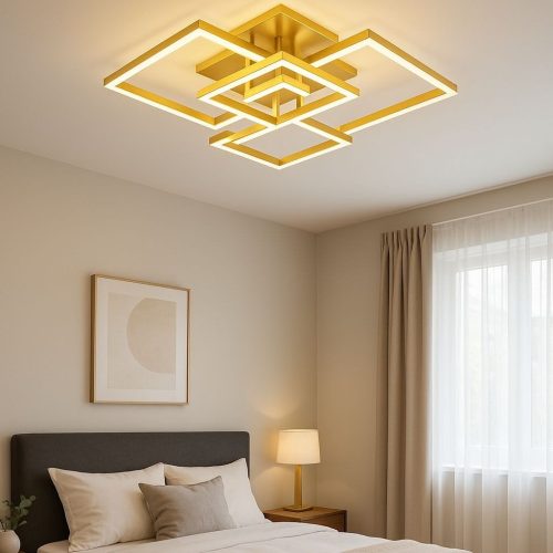 Lustră LED Dreptunghiulară cu Telecomandă, 2×99W, Lumină Reglabilă 3000K–6500K Elit's, 700×470×200 mm, Auriu